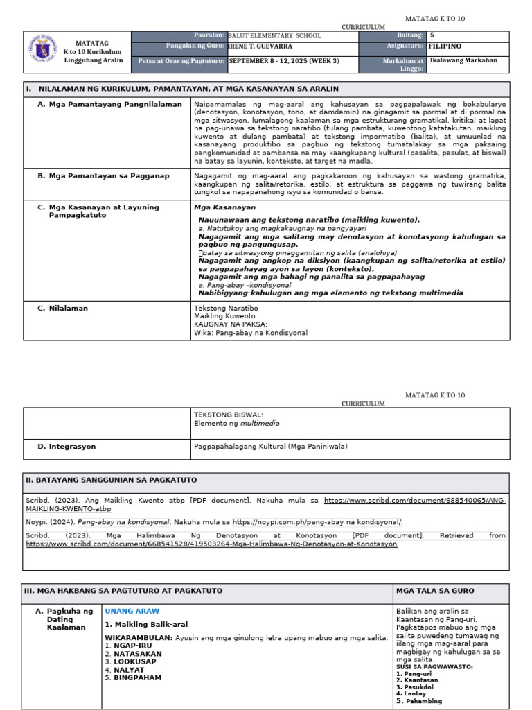 DLL Matatag - Filipino 5 q2 w3 | PDF