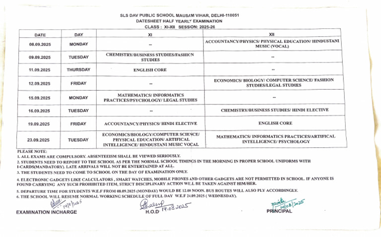 Class 11 Half Yearly Exam Dates 2025 | PDF