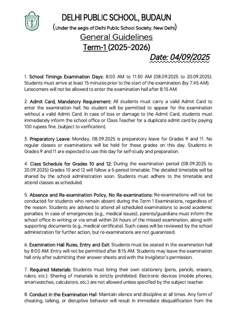 DPS Budaun Term-1 Exam Guidelines 2025 | PDF
