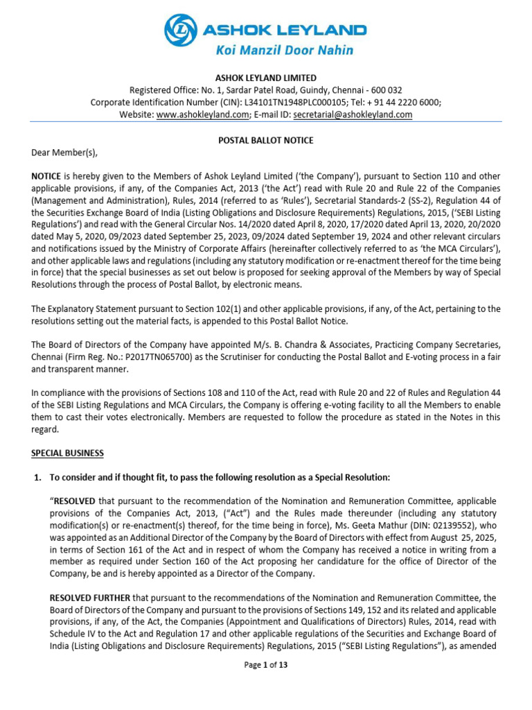 Ashok Leyland Postal Ballot Notice 2025 | PDF | Electronic Voting | Login