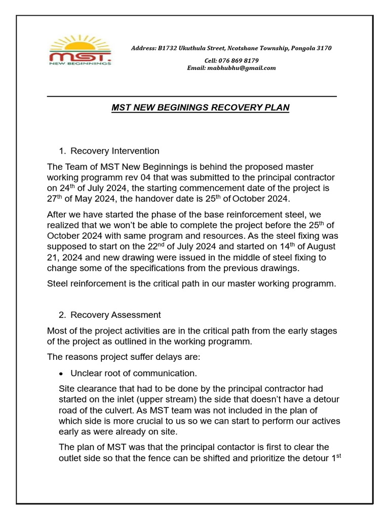 MST New Beginnings Recovery Plan | PDF