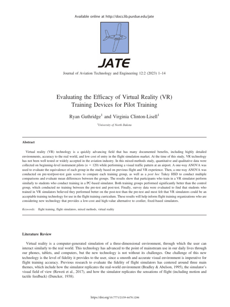 VR Training Efficacy for Pilots | PDF | Simulation | Virtual Reality