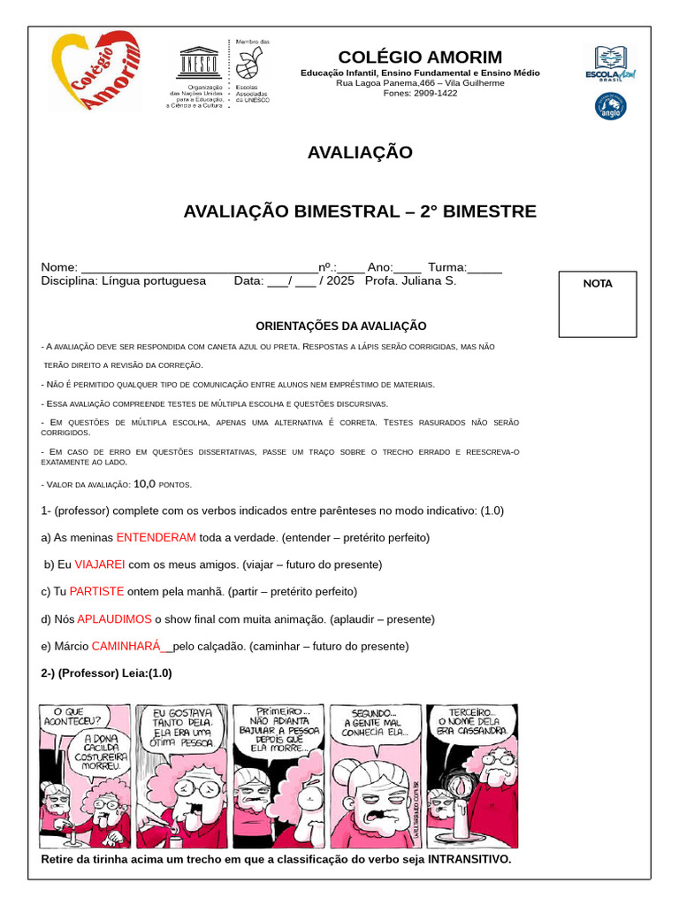 Avaliação Bimestral de Língua Portuguesa | PDF