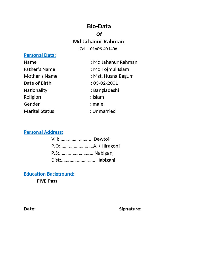 Bio-Data: MD Jahanur Rahman | PDF