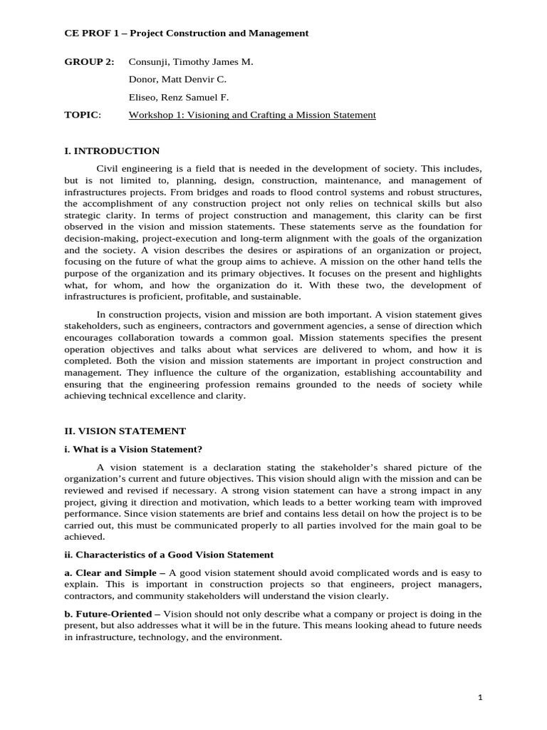 Vision and Mission in Construction Management | PDF | Goal | Sustainability