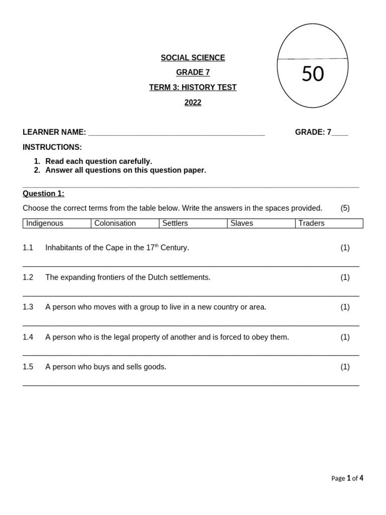 Gr7 - T3 - Sept Hist Test Resource | PDF