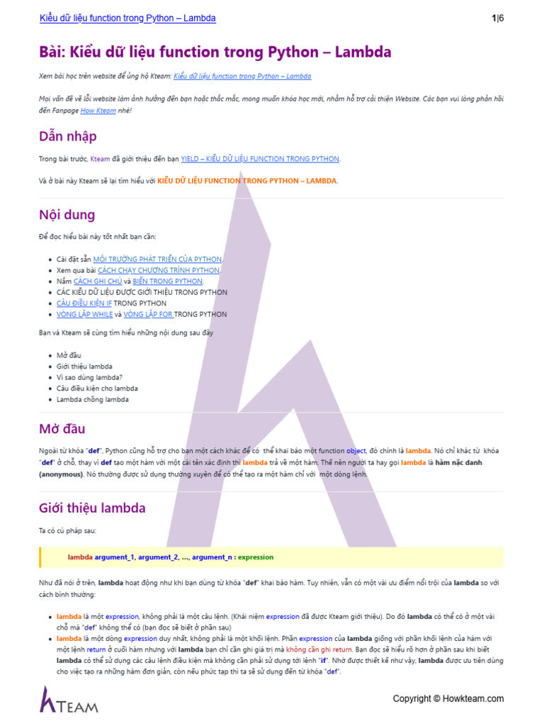 HOWKTEAM.vn - Kiểu Dữ Liệu Function Trong Python - Lambda | PDF