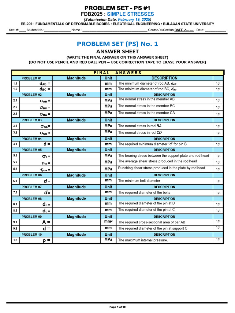 Simple Stresses Problem Set EE-209 | PDF | Stress (Mechanics ...