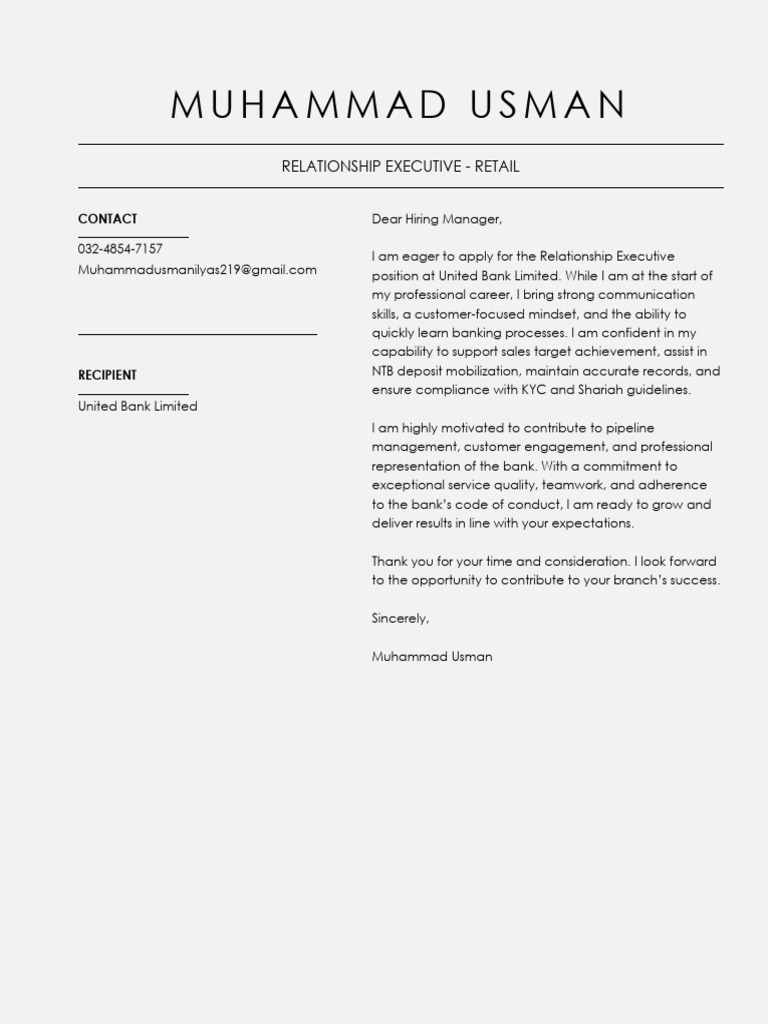 Application for Relationship Executive Role | PDF