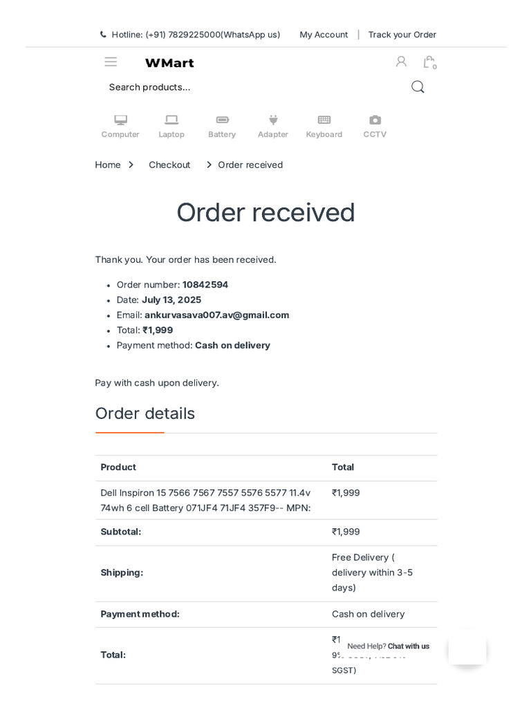 WMart Ahmedabad Laptop Battery Order | PDF | Office Equipment ...