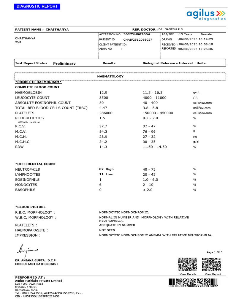 Chaithanya's Diagnostic Blood Report | PDF | White Blood Cell | Anatomy