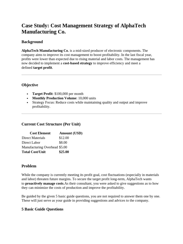 AlphaTech Cost Management Strategy Case Study | PDF