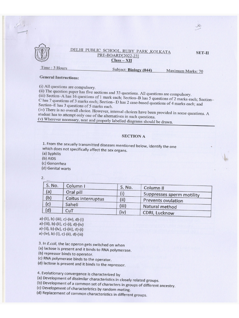 CL XII Pre Board Biology 2022-23 | PDF