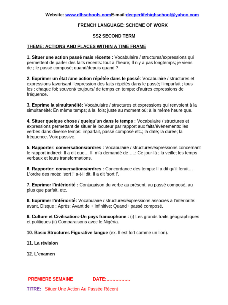 Schéma de travail en français SS2 | PDF | Enseignement primaire | Verbe