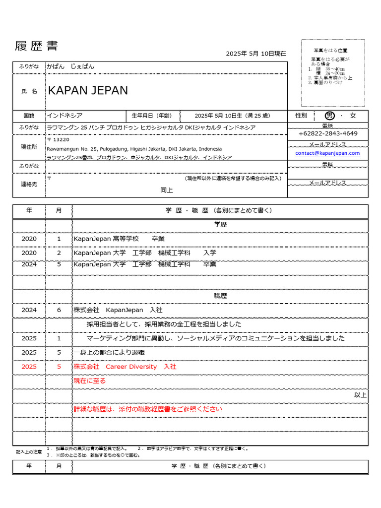 Rirekisho 【履歴書】Example | PDF