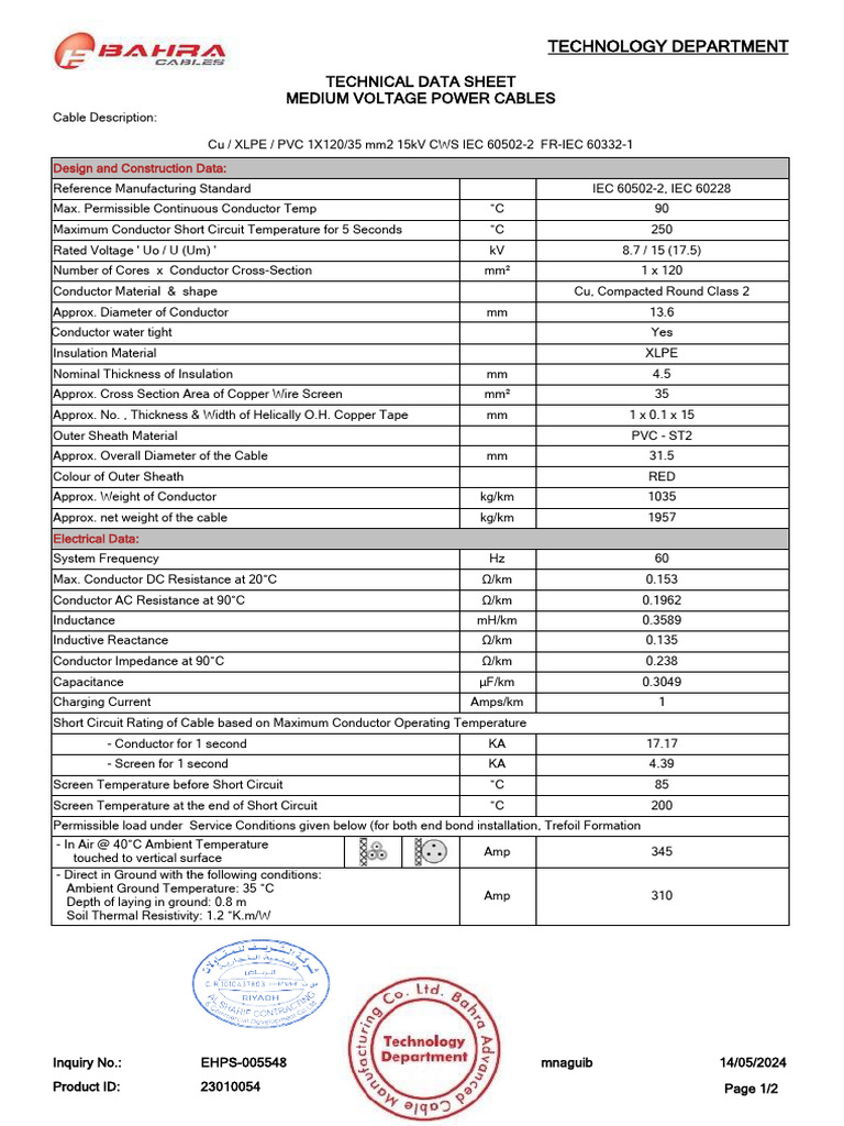 Medium Voltage Power Cable Data Sheet | PDF | Electrical Conductor ...