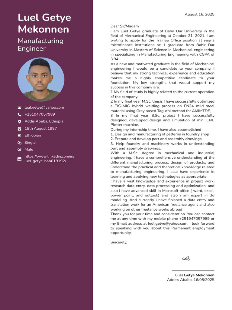 Luel Getye FlowCV Cover Letter For Trainee Officer | PDF | Engineering