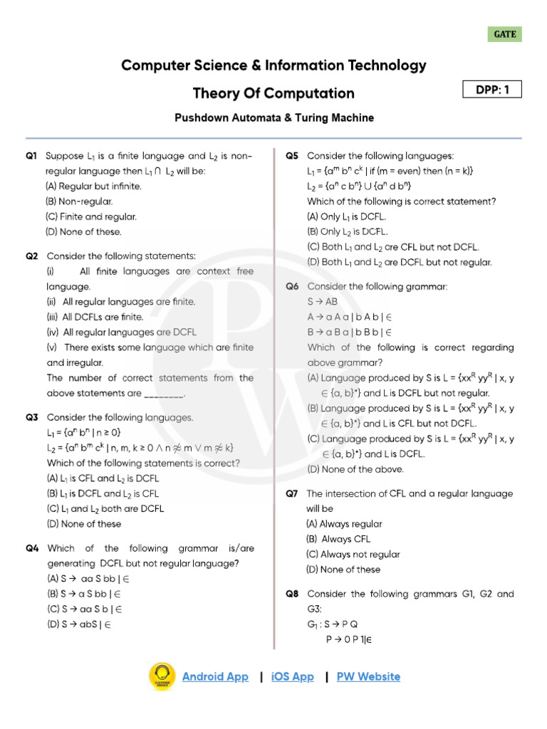 Pushdown Automata & Turing Machine - DPP 01 | PDF
