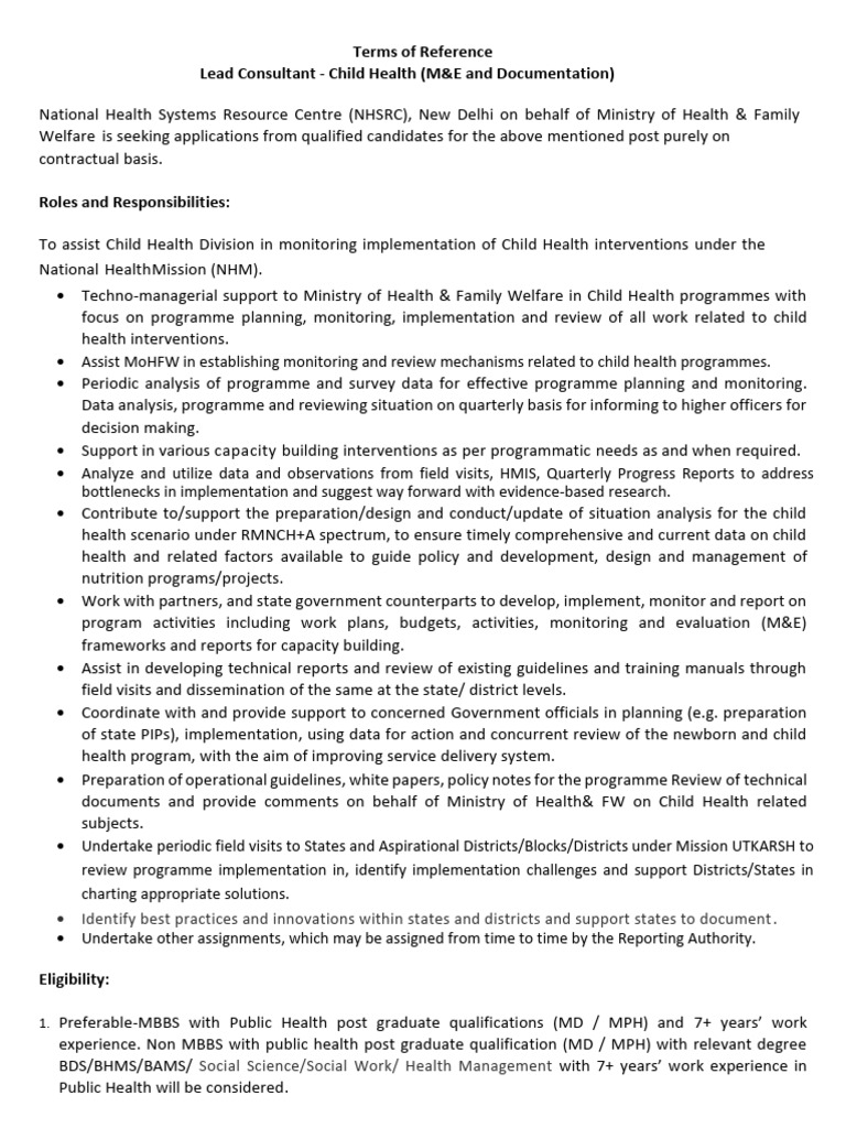 Final TOR Lead Consultant Child Health M&E and Documentation MoH&FW | PDF
