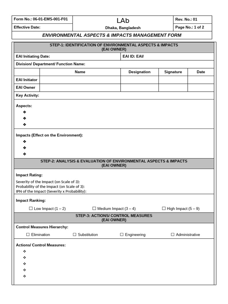 1.1. Environmental Aspects & Impacts Management Form | PDF