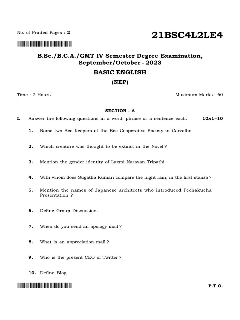 BSC Bca GMT 4 Sem Basic English 21bsc4l2le4 Oct 2023 | PDF