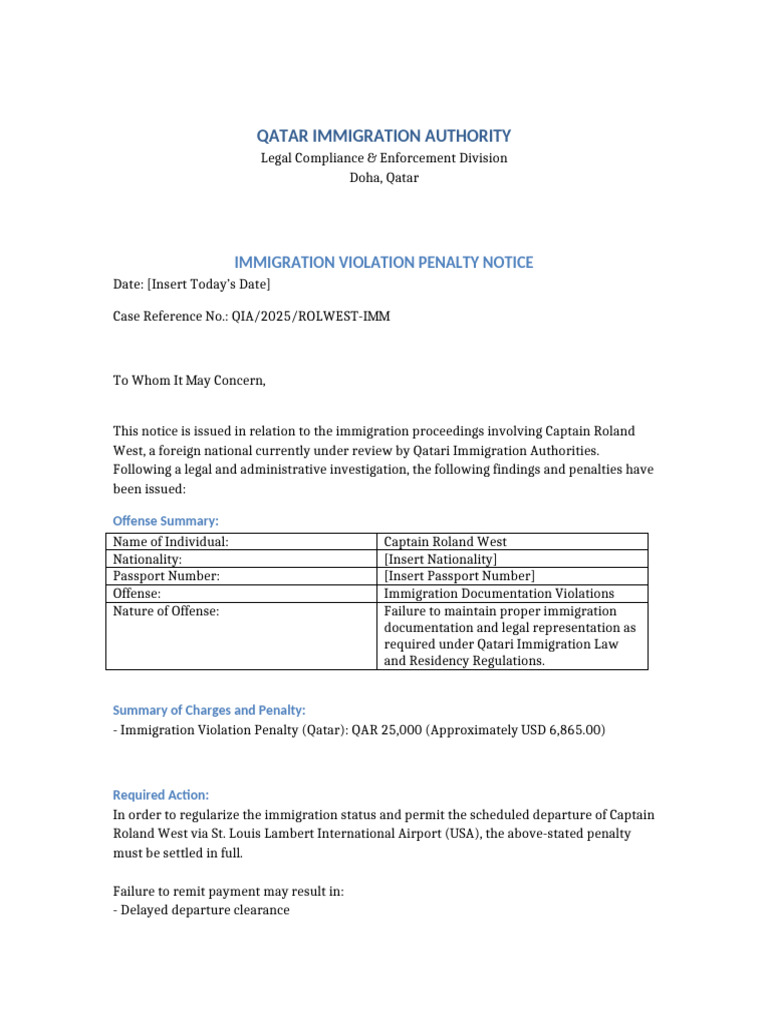 Qatar Immigration Violation Notice Captain Roland West | PDF