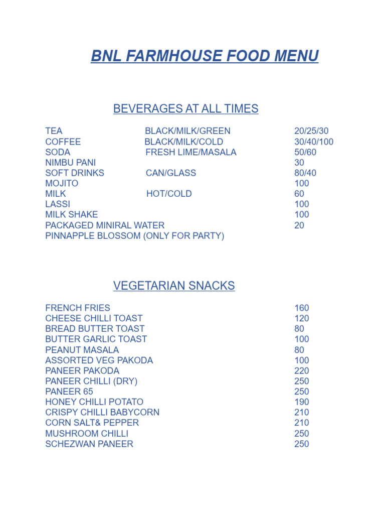 BNL Farmhouse Food Menu | PDF | Curry | Drink