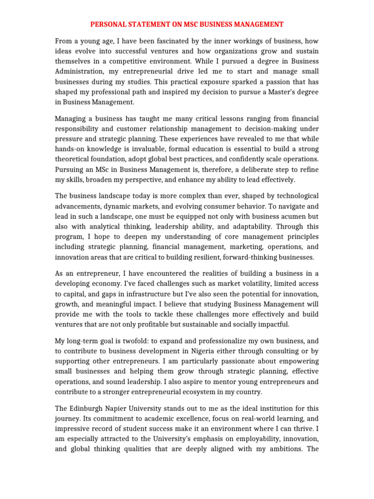 Personal Statement Business Management | PDF | Entrepreneurship ...