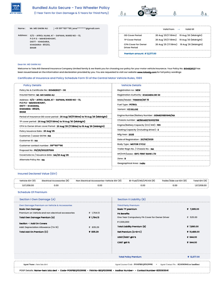 Motor Vehicle Insurance Policy Details | PDF | Insurance | Receipt