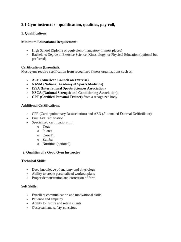 Gym Instructor Qualifications and Safety Guide | PDF | Personal Trainer