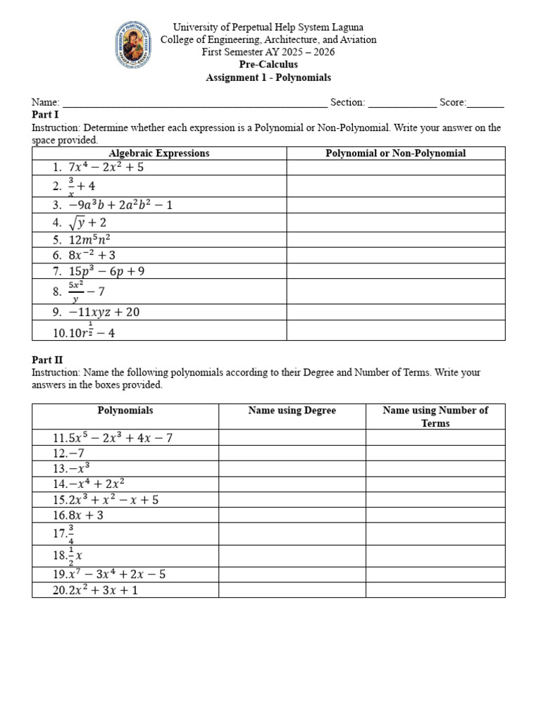 Pre-Calculus Assignment on Polynomials | PDF