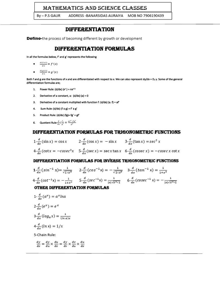 Differentiation Formulas Explained | PDF | Derivative | Trigonometric ...