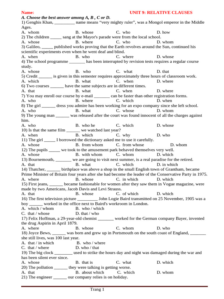 Relative Clauses Practice Exercises | PDF