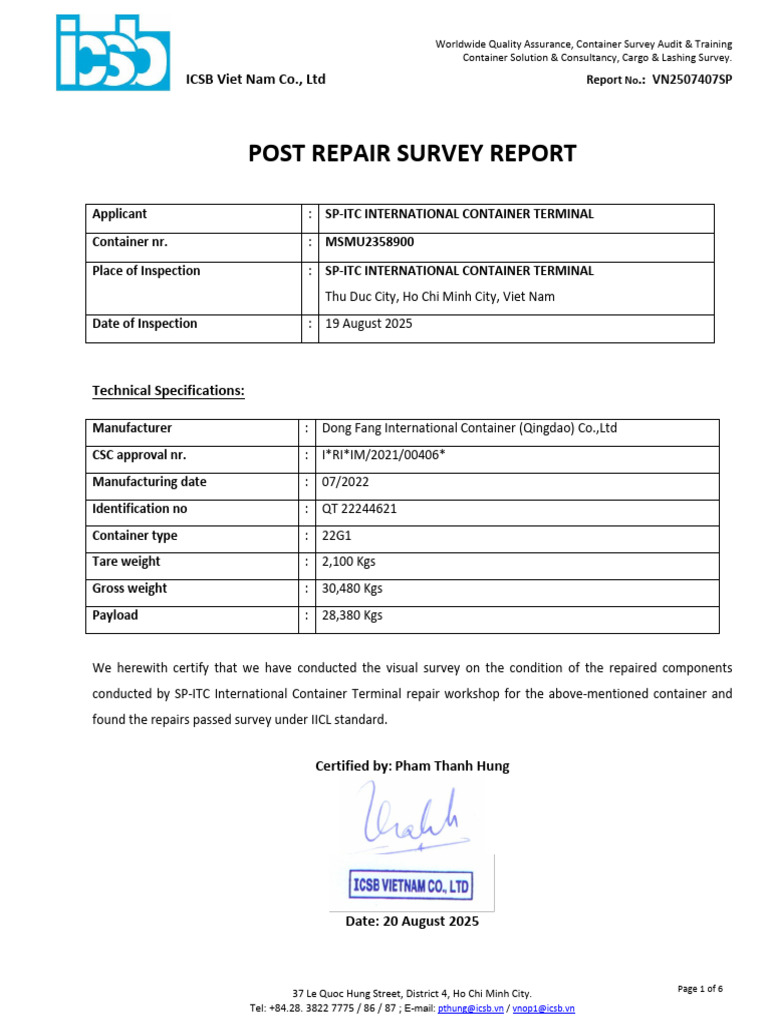 MSMU2358900 - Post Repair Survey Report | PDF