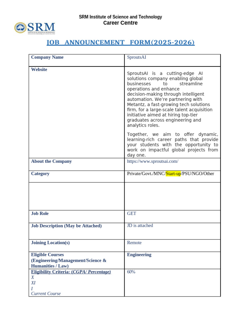 JOB Announcement FORM (2025-2026) : Career Centre | PDF | Employment ...