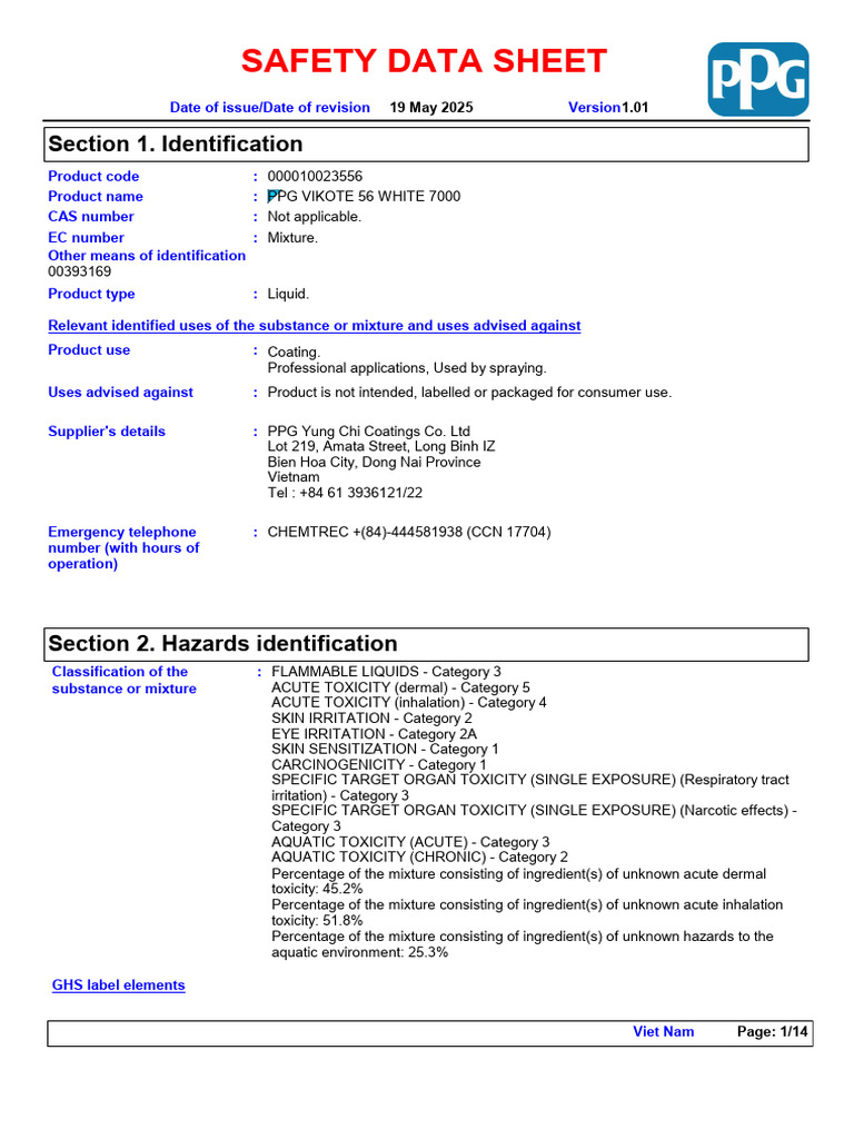 PPG Vikote 56 Safety Data Sheet | PDF | Toxicity | Dangerous Goods