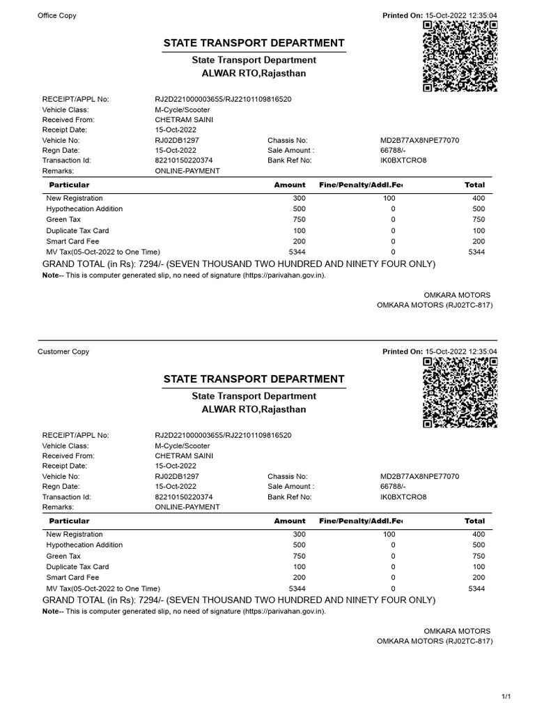 Rajasthan Vehicle Registration Receipt | PDF | Receipt | Payments