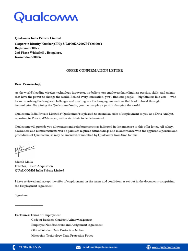 Qualcomm Data Analyst Job Offer Letter | PDF | Employment | Probation