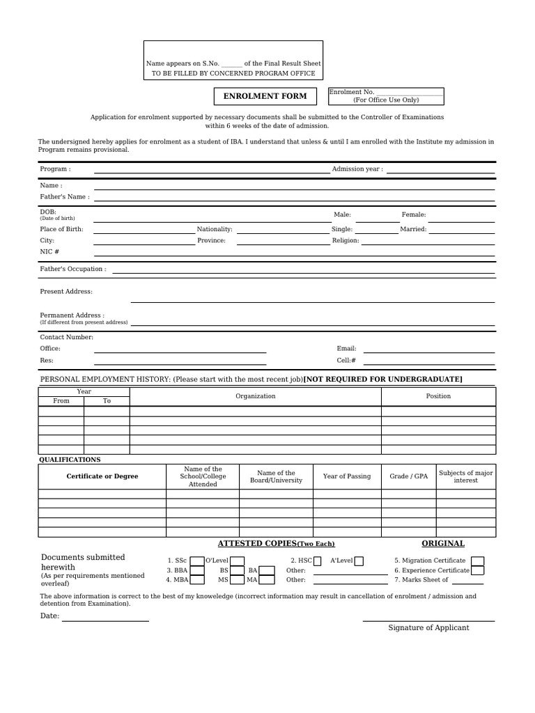 IBA Student Enrolment Form Template | PDF | Vocational Education ...