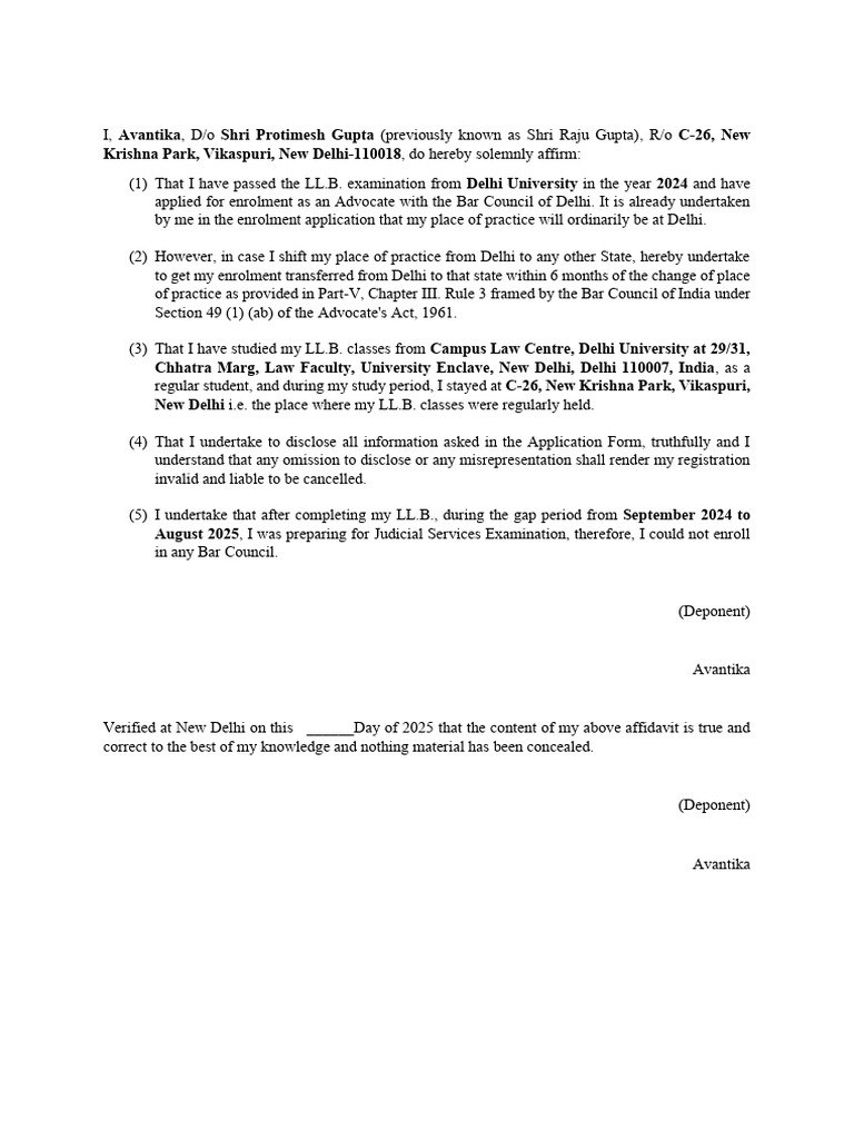 Affidavit of Intended Place of Practice | PDF