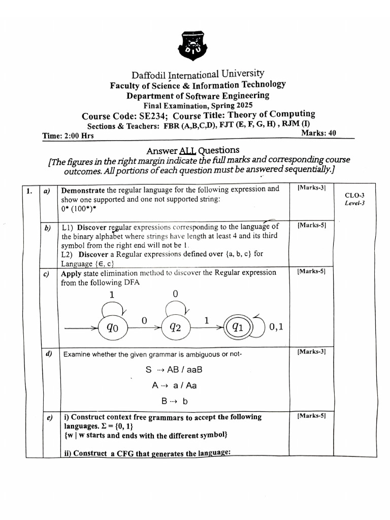 Theory of Computing Exam Spring 2025 | PDF | Regular Expression ...