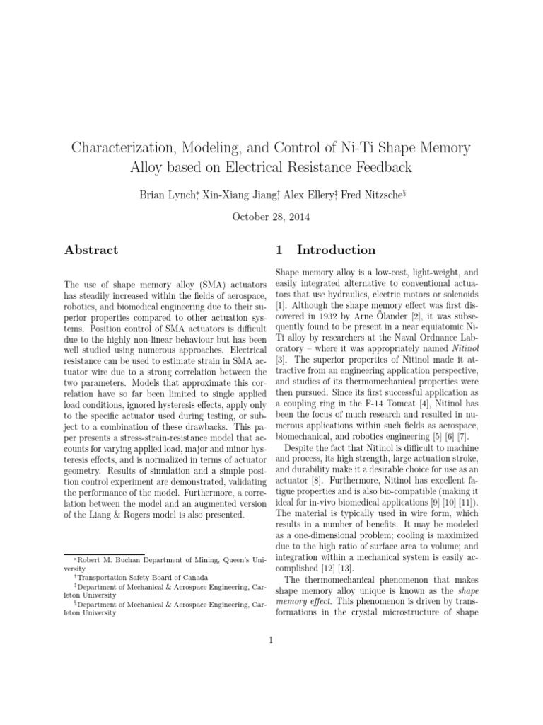 NiTiNOL Control of Shape Memory Alloy | PDF | Hysteresis | Shape Memory ...