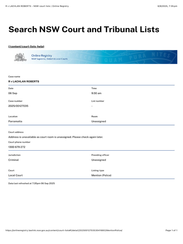 R v Lachlan Roberts Court Listing Details | PDF