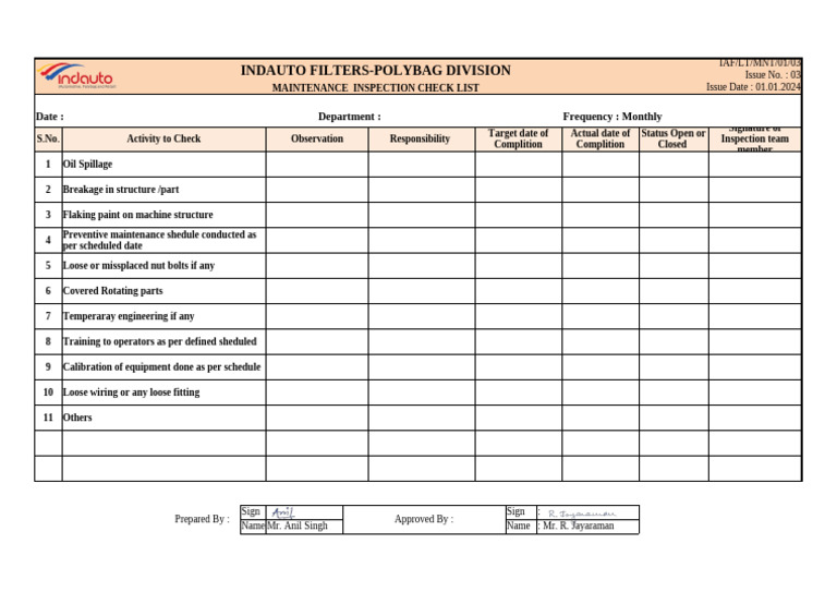 IAF LT MNT 01 02 Maintenance Checklist (Monthly) | PDF