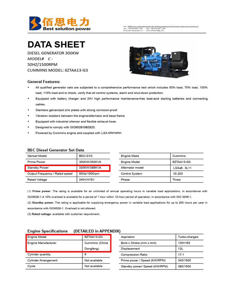 300KW Cummins Diesel Generator Data Sheet | PDF | Engines | Electric ...