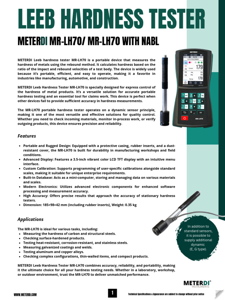 METERDI MR-LH70 Portable Hardness Tester | PDF | Hardness | Weighing Scale