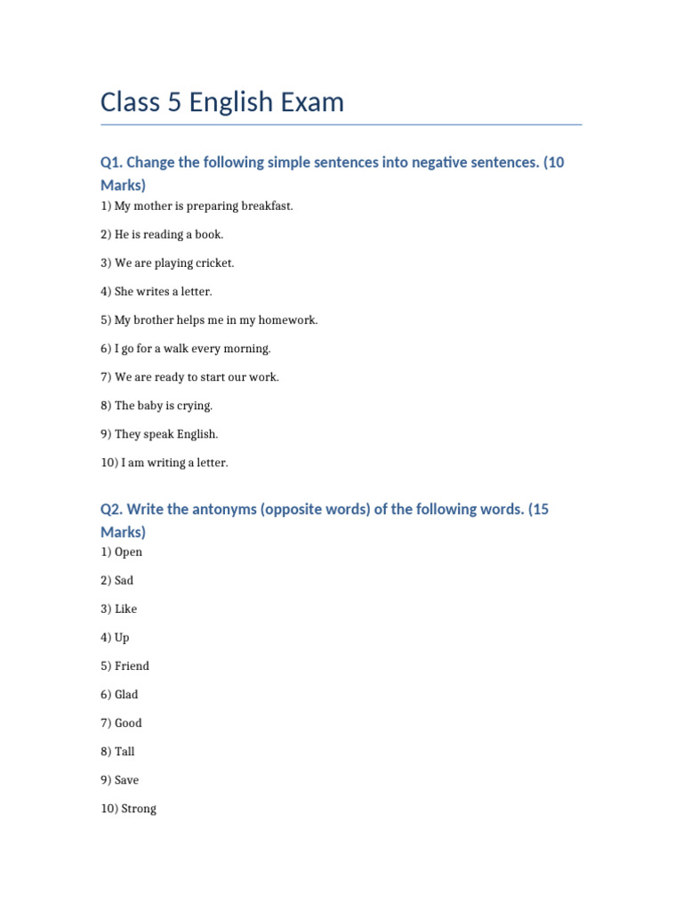 Class 5 English Exam Questions and Answers | PDF