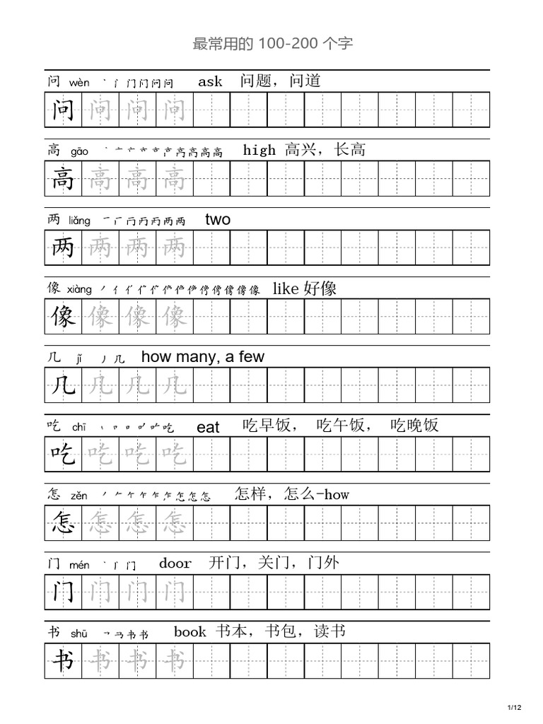 最常用的 100-200 个字 Meaning | PDF