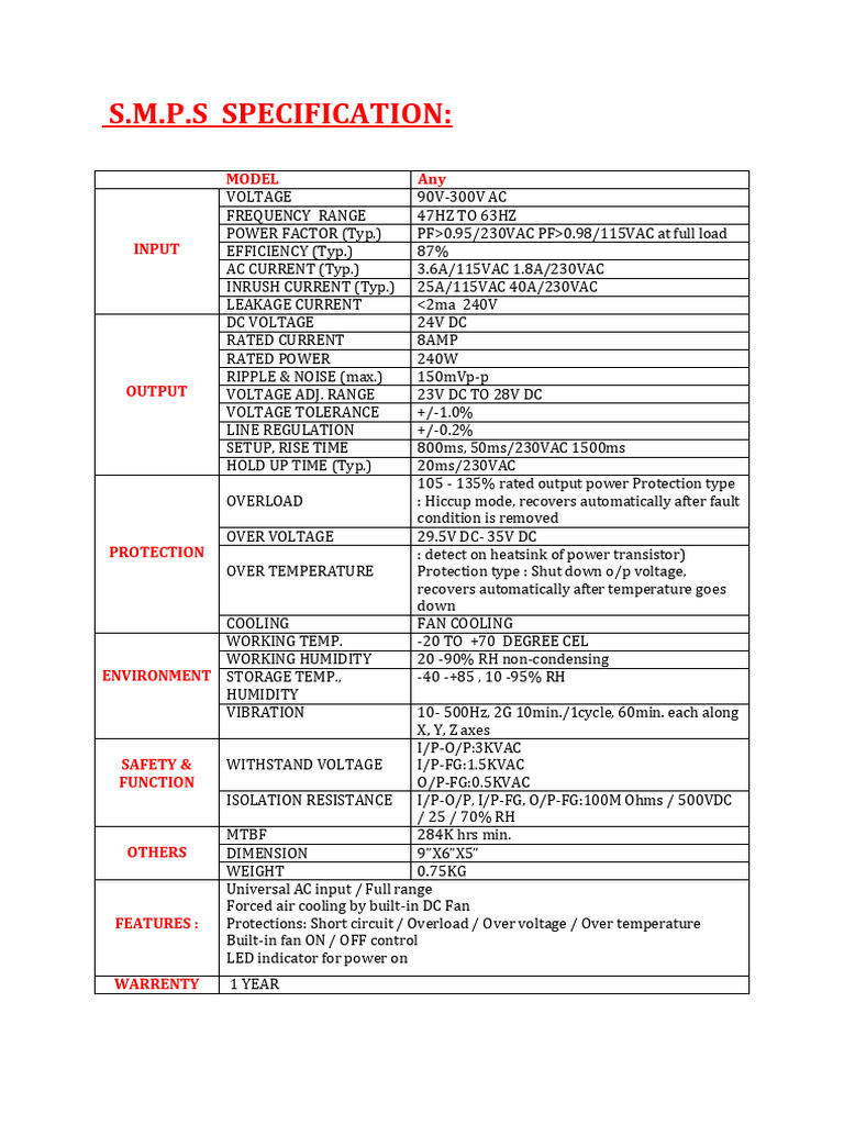 240W AC-DC Power Supply Specifications | PDF | Power Supply | Electric ...