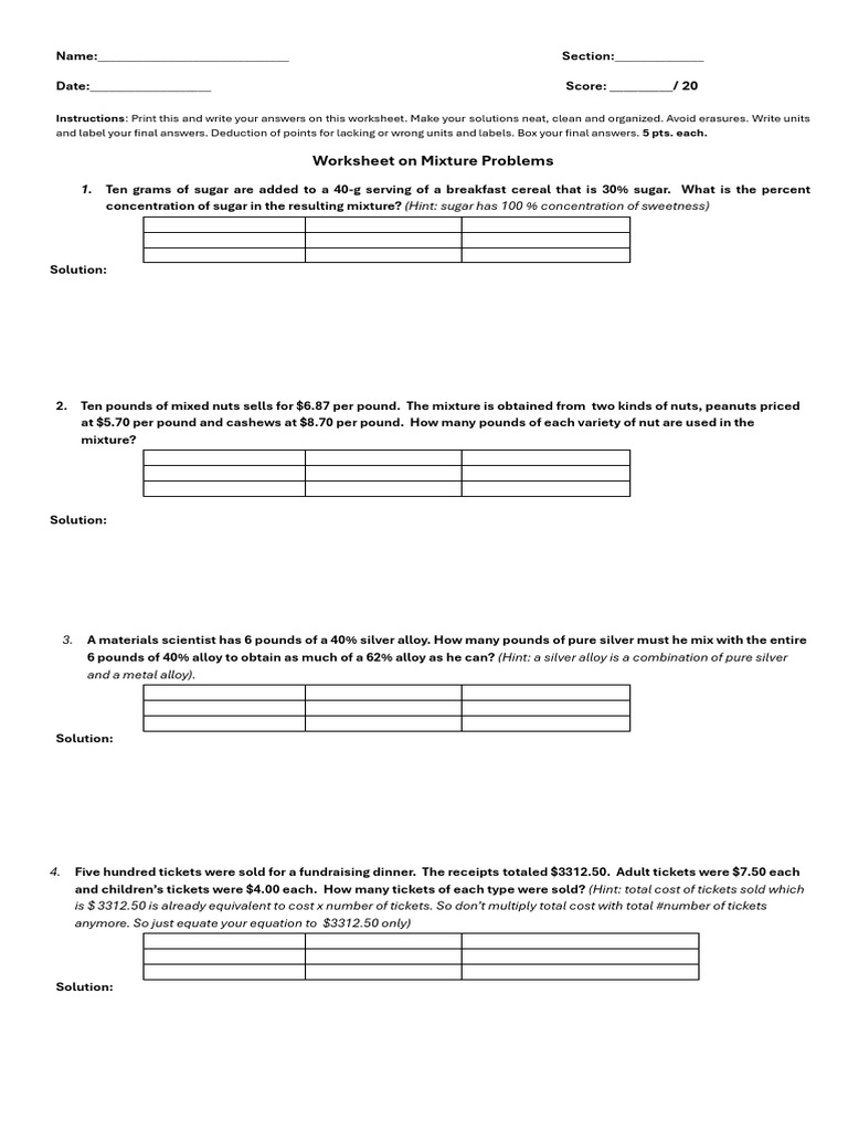 Mixture Problems Worksheet | PDF